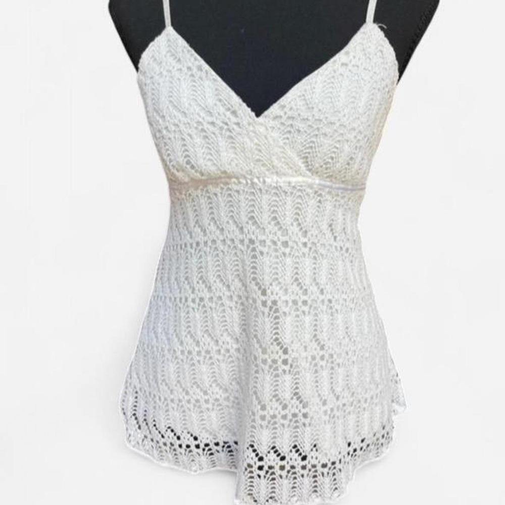 Vintage Y2K iz Byer Crochet Babydoll Top Eyelet Cami White Size M Whimsygoth
